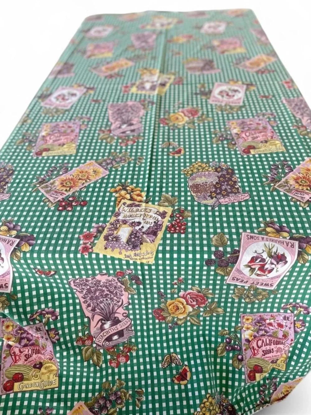 Vintage cottagecore Green Gingham Floral Seed Packet cotton tablecloth